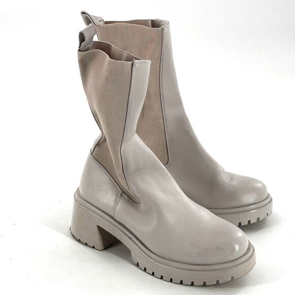 Steve Madden Hesitant Lug Mid Calf Boot 6 Bone Leather White Cream Chelsea - Picture 5 of 10